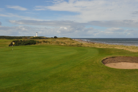 14th green & Lossiemouth lighthouse, Moray